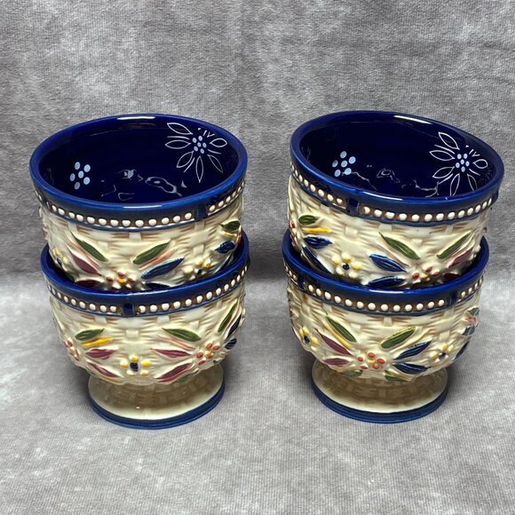 4 Temp-Tations Old World Blue 8Oz Ceramic Basketweave Pedestal Cups Set - Picture 6 of 10